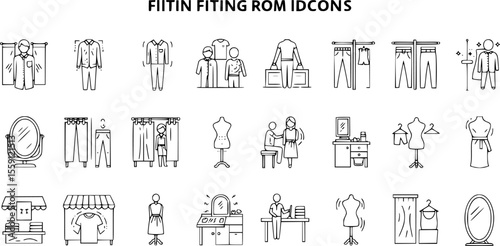 Fitting room icons set. Line icons representing customers trying on clothes, mirrors, fitting rooms, mannequins and hangers
