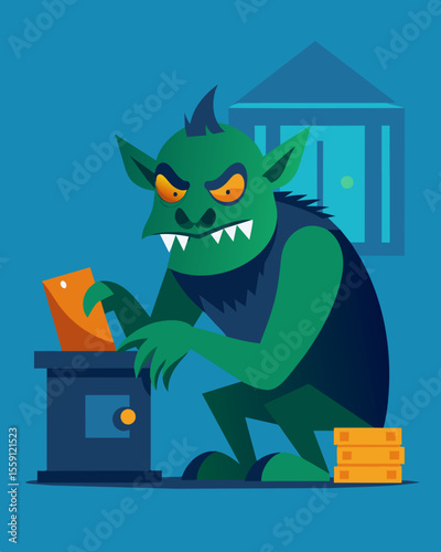 An evil trolllike creature hacking into a persons bank account and draining their funds leaving them in financial ruin.. Vector illustration