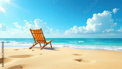 Beachside Solitude  An inviting beach chair sits serenely on a golden beach  overlooking the tranquil turquoise ocean under a bright blue sky dotted with fluffy clouds. Escape and relaxation. 