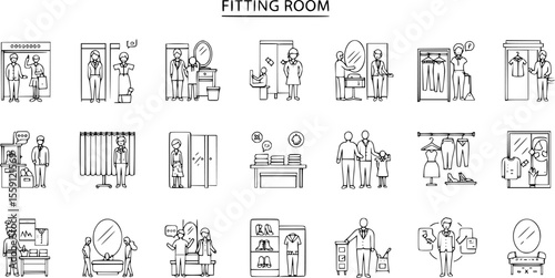 Fitting room icons set. Line icons representing customers trying on clothes, mirrors, fitting rooms, mannequins and hangers
