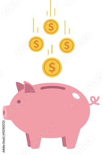 Pink piggy bank with falling golden coins saving money concept illustration for finance and investment ideas