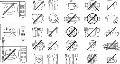 Microwave safe icons set. Black and white microwave oven safe and not safe signs showing different types of food and utensils being heated or not
