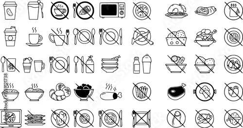 Microwave safe icons set. Black and white microwave oven safe and not safe signs showing different types of food and utensils being heated or not
