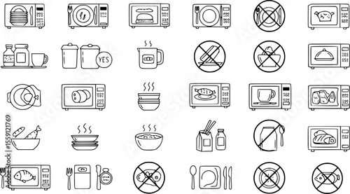 Microwave safe icons set. Black and white microwave oven safe and not safe signs showing different types of food and utensils being heated or not
