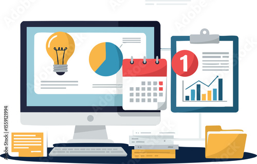 Computer monitor with lightbulb idea and pie chart calendar and clipboard with graph vector illustration for business productivity tools and office work organization