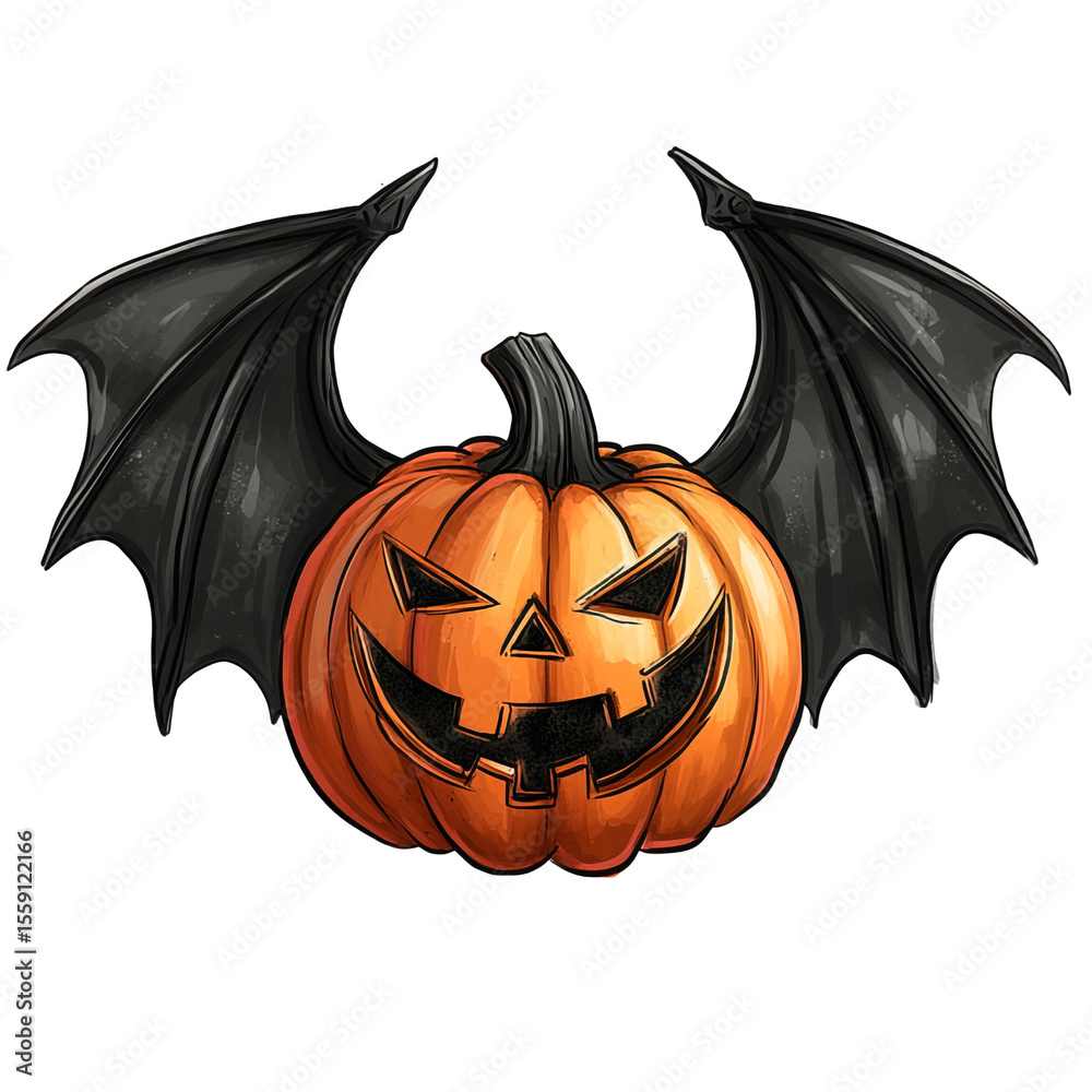 Fototapeta premium Spooky Halloween pumpkin with bat wings a jack o lantern design for autumn
