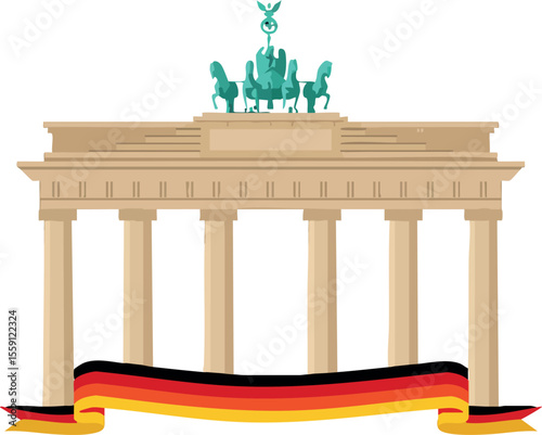 Brandenburg Gate landmark vector with German flag ribbon in beige and black red yellow colors for Germany travel design