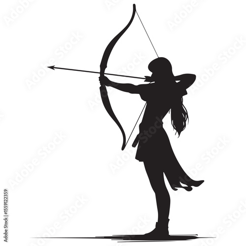 Silhouette of a female archer drawing a bow and arrow ready to shoot