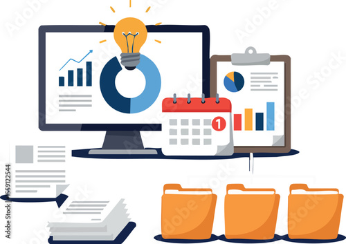 Data analytics and business strategy vector with computer charts calendar and folders for project management and office organization