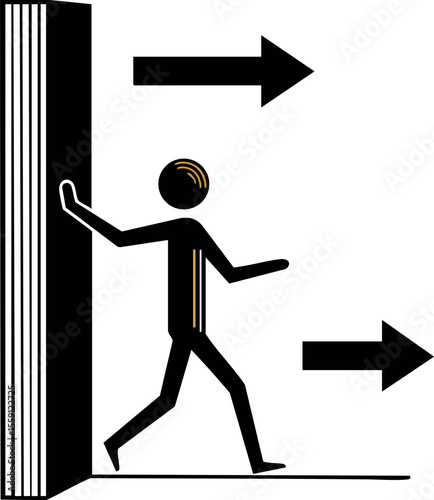 Stick figure walking through door with directional arrows showing movement to the right in simple black vector style