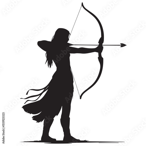 Silhouette of a female archer drawing a bow and arrow ready to shoot