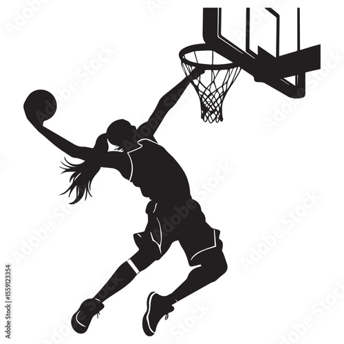 Silhouette of a female basketball player dunking the ball with her hair flowing