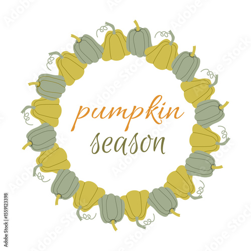 Autumn pumpkin frame. Autumn circle frame. Round border made of fall pumpking in green and orange. Vector flat isolated on white background.	
