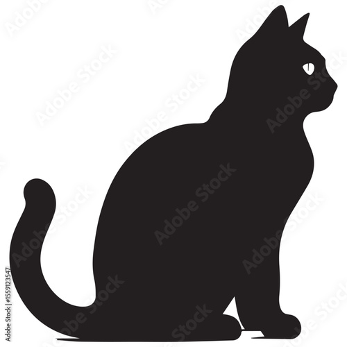 Simple black silhouette of a domestic cat sitting calmly and looking to the right