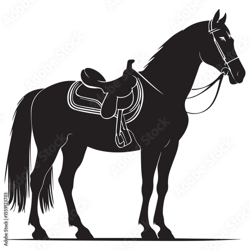 Elegant black silhouette of a saddled horse standing still on a white background