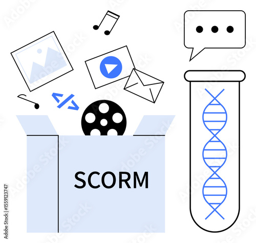 Media files, code, and messages emerging from a SCORM box beside a DNA helix test tube. Ideal for e-learning, online education, content management, training, digital transformation, media sharing