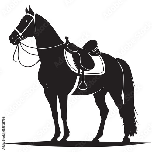 Elegant black silhouette of a saddled horse standing still on a white background