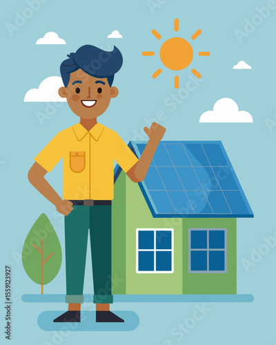 A homeowner proudly standing next to their newly installed solar panels eager to spread the word about the benefits of going solar.. Vector illustration