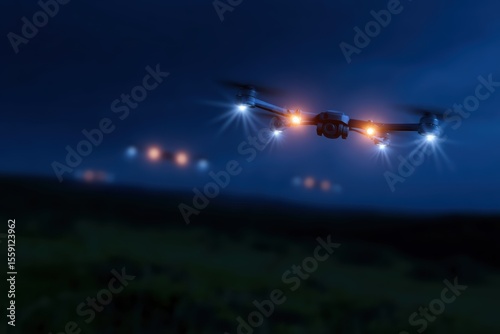 Military drones flying over battlefield at night