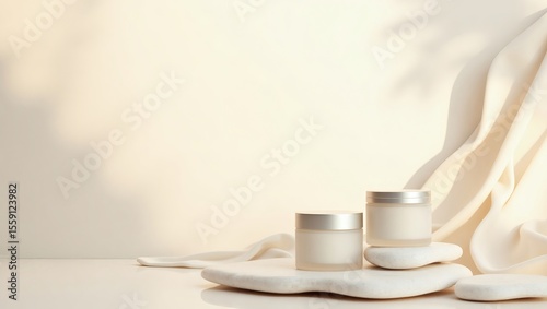 Explore a tranquil scene with white skincare jars and soft fabrics, ideal for spa and beauty themes. High-quality stock photo for wellness and cosmetic designs.