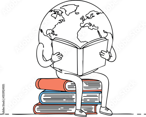 Globe character reading book sitting on stack of colorful books education knowledge learning concept vector illustration