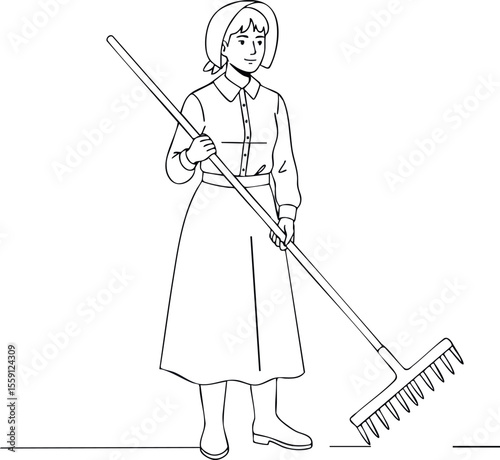 Woman holding rake in traditional dress farming or gardening tool vector line art illustration