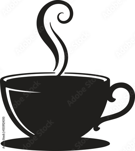 Hot coffee or tea beverage in a mug with steam, perfect for a cafe breakfast illustration,black cup of coffee