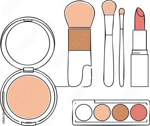 Makeup set with compact powder brush lipstick and eyeshadow palette vector illustration for beauty and cosmetics design