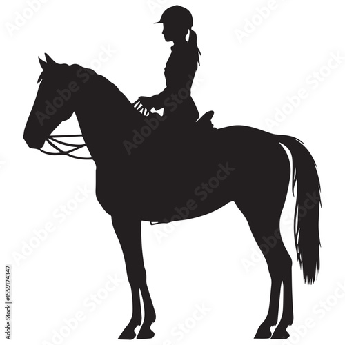 Silhouette of a person riding a horse wearing a helmet and riding attire
