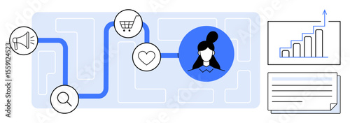 Customer profile connected to icons for marketing, shopping, and engagement. Graph and data concepts emphasize success tracking. Ideal for marketing, e-commerce, strategy, insights, customer
