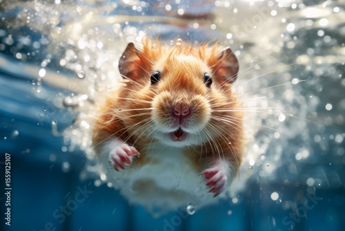 Close up of a syrian hamster swimming underwater, creating bubbles and ripples, with a surprised expression