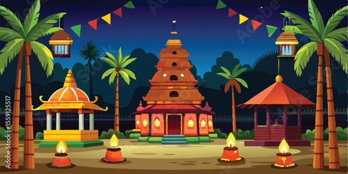 2D Animated Night Background South Indian Temple Festive Scene