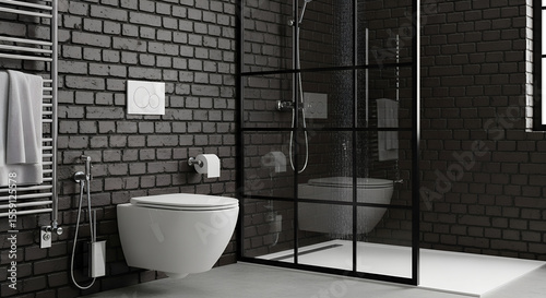 Modern bathroom with black brick walls, white toilet, and glass enclosed shower with black frame