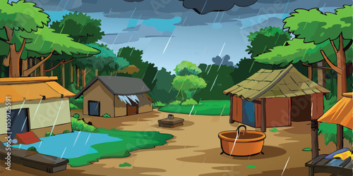 2D Animated Monsoon Village Background Lush Green Rainy Season Illustration