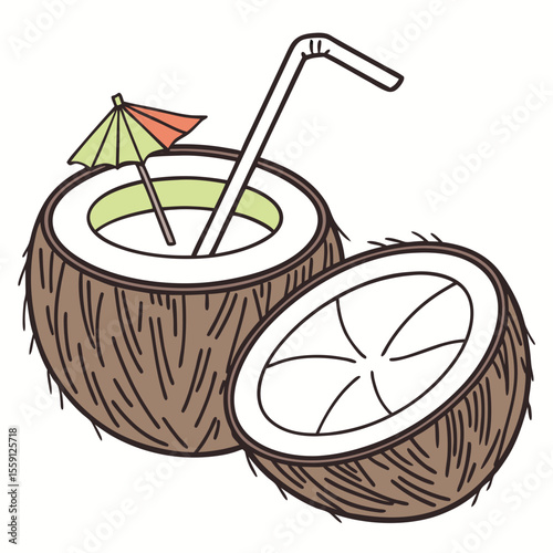 Halved coconut drink with straw and umbrella tropical