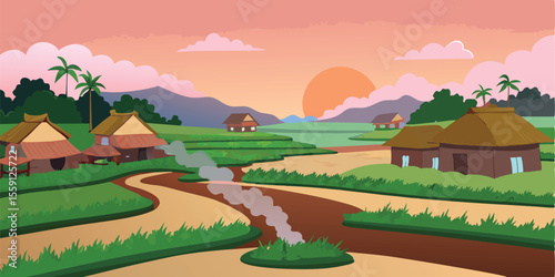 Serene Rural Village Sunset 2D Animation Background
