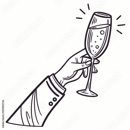 Hand holding champagne flute with bubbles and celebratory lines glass