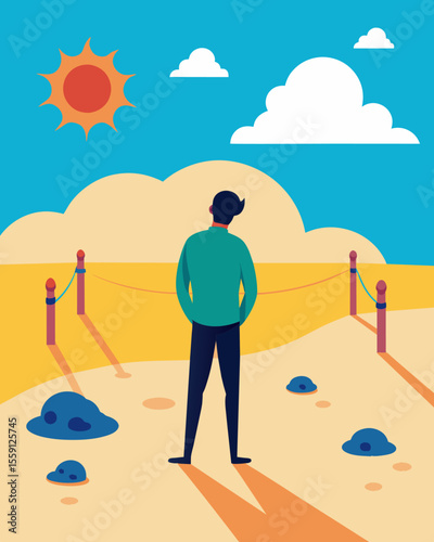 In the middle of a sunny beach someone stands with their feet buried in the sand encased in a barrier of negative thoughts and past mistakes that prevent them from fully enjoying. Vector illustration