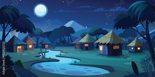 Serene Night Village 2D Animation Background of a Quiet Village Under the Moon