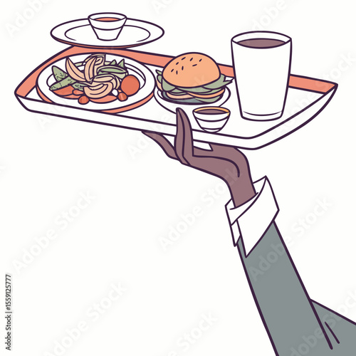 Hand holding food tray with burger salad and drink vector