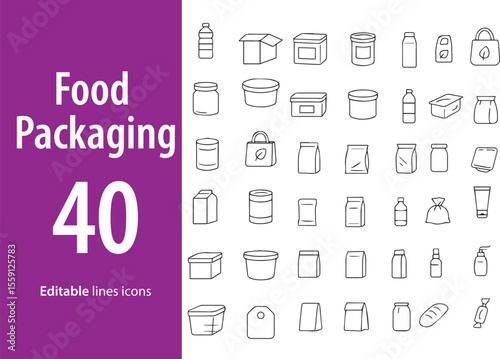 Food Packaging Line Icons, Takeout Box, Food Container, Bottle, Paper Bag, Plastic Wrap, Label, and More , Editable Formats: AI, EPS, JPG, PNG , Ideal for Both Digital and Print Use