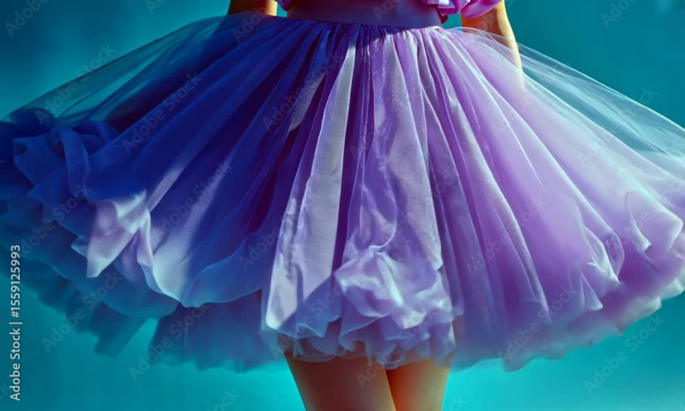 A person wears a lavender tutu skirt against a blue background. The delicate tulle creates a flowing form, evoking lightness