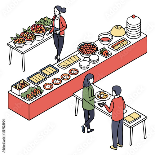 People selecting food at a buffet with red tables and white serving dishes selection