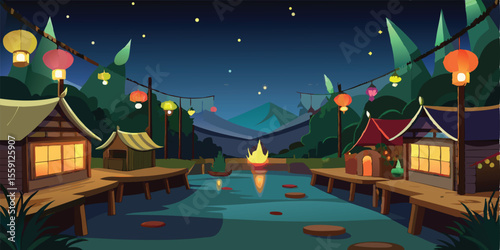 Enchanting 2D Animation Village Night Background Calm River, Illuminated Houses, and Starry Sky