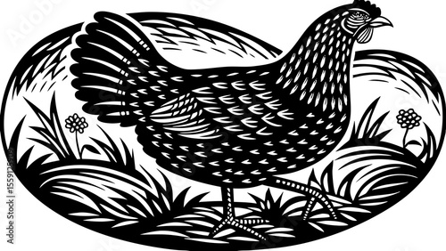 Monochrome illustration of a hen walking in grass with flowers in an oval frame design element
