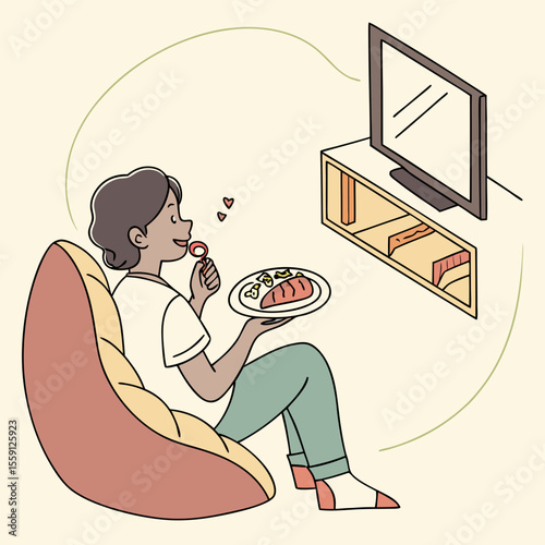 Person eating food while watching television vector