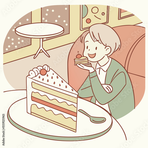 Person enjoying a layered cake with cherry topping eating dessert