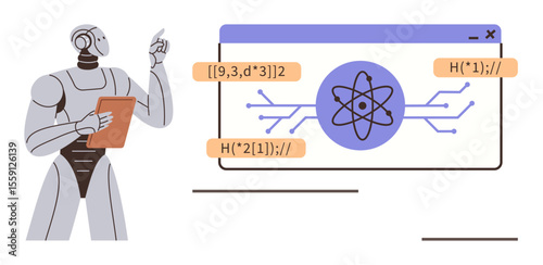 Robot analyzing data on tablet with atomic visualization and code in a browser interface. Ideal for AI, robotics, science, programming, education, innovation, technology, simple flat metaphor