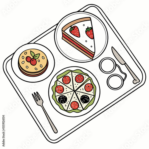 Tray with pizza slice pancakes strawberry cake and cutlery food
