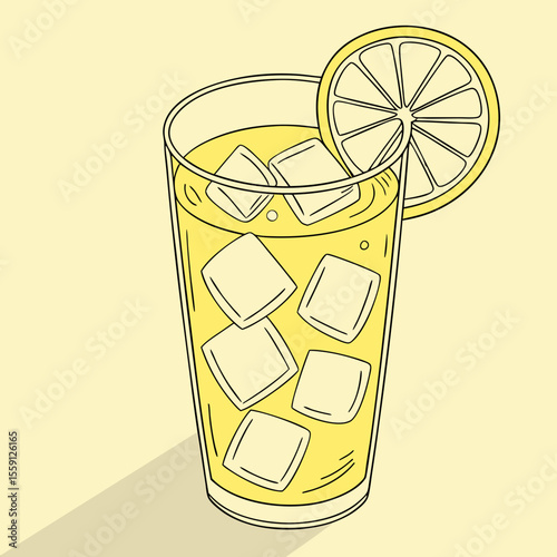 Tall glass of yellow lemonade with ice cubes and lemon slice drink beverage